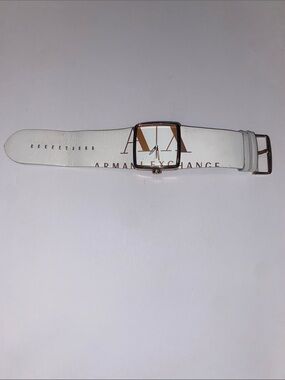 Armani Exchange White Leather Belt with Rose Gold Buckle and Logo